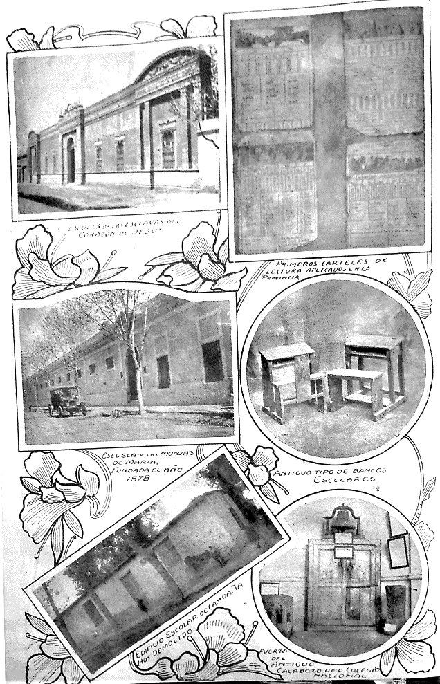 Figura 3. &Uacute;nica fotograf&iacute;a de escuela rural
  encontrada (borde inferior izquierdo) y tipo de mobiliar